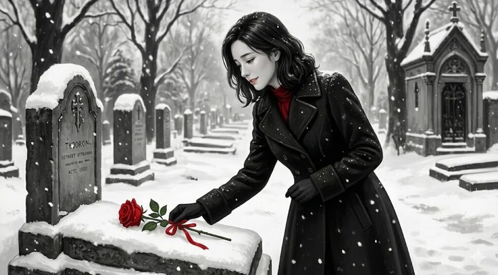 雪が降り積もる静かな墓地で、墓石に赤いリボンが結ばれた一輪の赤い薔薇をそっと供える黒いコートの女性のイラスト