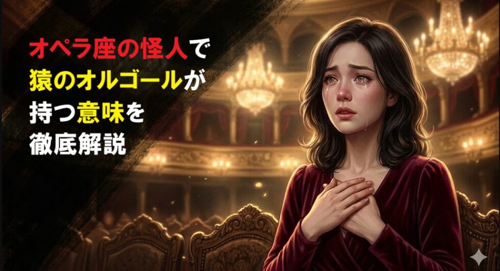 豪華なオペラ座の客席で感動の涙を浮かべる女性のイラスト（オペラ座の怪人で猿のオルゴールが持つ意味を徹底解説）