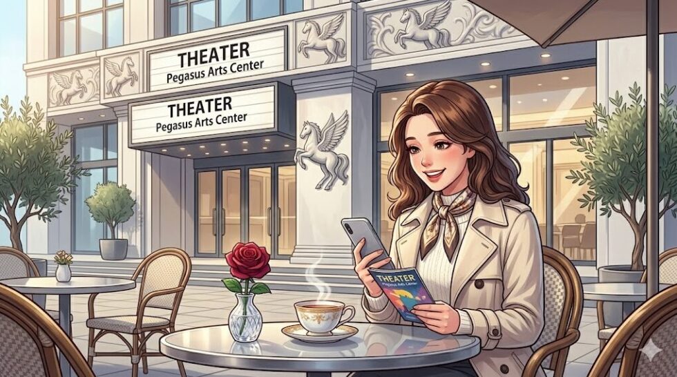 ペガサス像の装飾がある新劇場の前のカフェでくつろぐ女性のイラスト