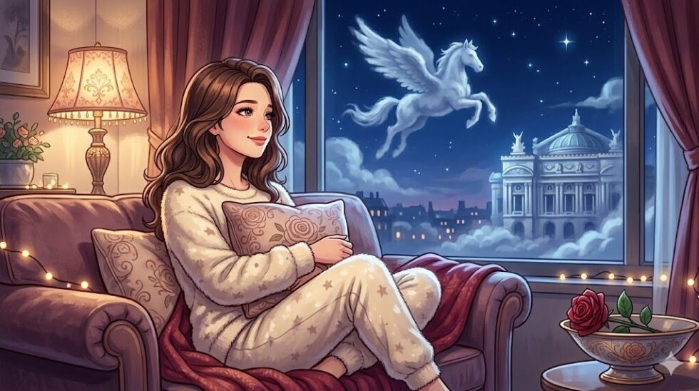 自宅のソファで夜空に浮かぶペガサス像とオペラ座を思い描く女性のイラスト