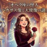 オペラ座の怪人のペガサス像と天使像の謎に思いを馳せる女性のイラスト
