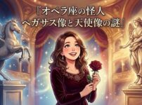 オペラ座の怪人のペガサス像と天使像の謎に思いを馳せる女性のイラスト