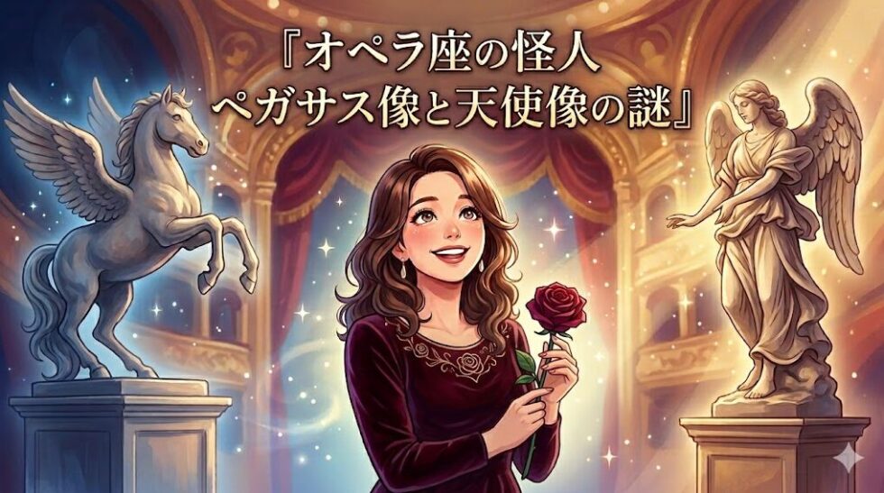 オペラ座の怪人のペガサス像と天使像の謎に思いを馳せる女性のイラスト