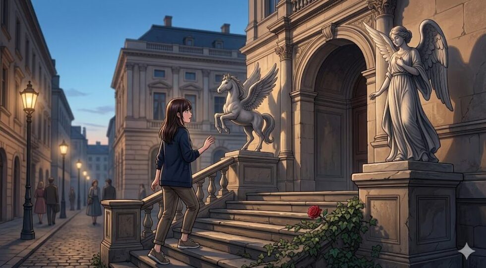 ペガサス像と天使像が飾られたクラシックな建物の階段を上る女性のイラスト