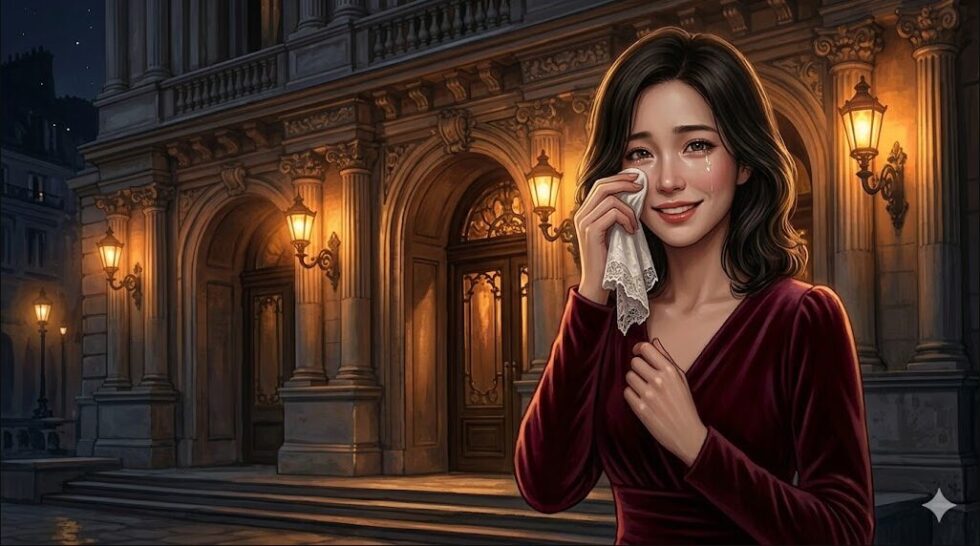 夜の劇場の外で、観劇後の感動の余韻に浸りながらハンカチで涙を拭う女性のイラスト