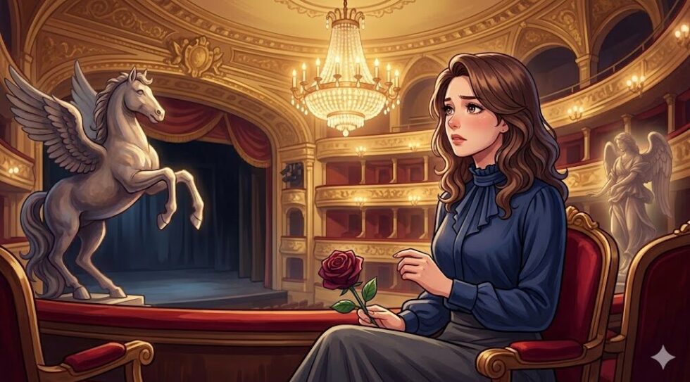 クラシックな劇場でペガサス像と舞台を見つめる女性のイラスト