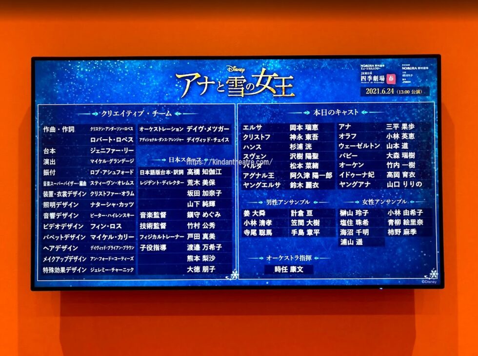 2021年6月24日の劇団四季「アナと雪の女王」東京初演時のデジタルキャストボード（岡本瑞恵、三平果歩らの名前が記載）