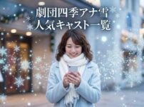 「劇団四季アナ雪人気キャスト一覧」という文字と、雪の結晶が舞う中で笑顔でスマホを見る女性