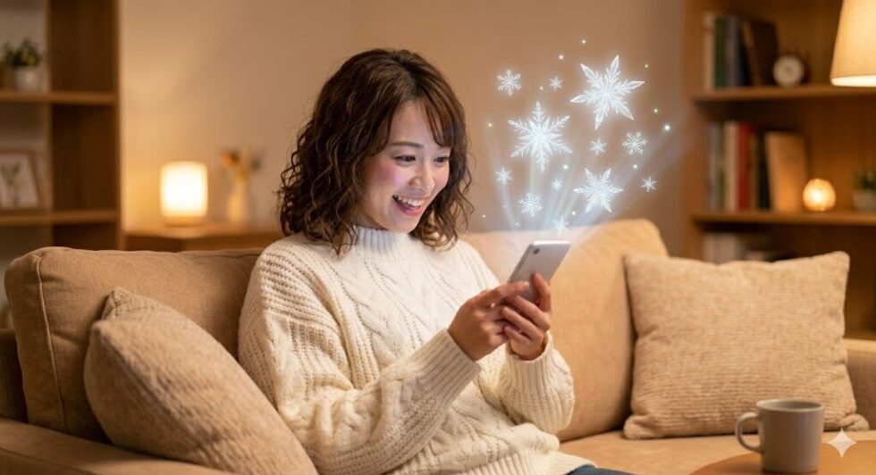 自宅のソファでくつろぎながら、スマホから雪の結晶を浮かび上がらせてアナと雪の女王のキャストを調べる女性