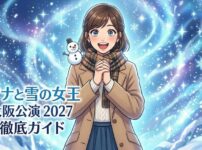劇団四季アナと雪の女王の2027年大阪公演を心待ちにする女性のイラストとタイトルロゴ
