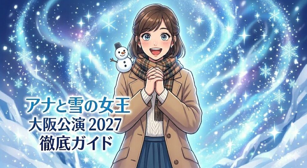 劇団四季アナと雪の女王の2027年大阪公演を心待ちにする女性のイラストとタイトルロゴ