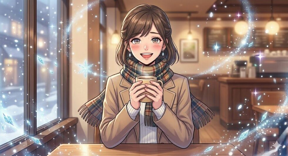 アナと雪の女王の観劇後、雪の降る窓辺のカフェで温かい飲み物を手に感動の余韻に浸る女性のイラスト