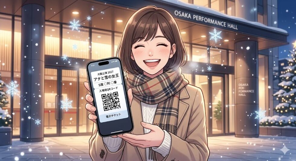 冬の劇場前でスマートフォンの電子チケット（QRコード）を笑顔で見せる女性のイラスト