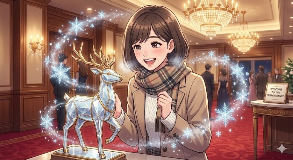 高級感のある劇場ロビーで、氷のように輝くトナカイのオブジェを見つけて喜ぶ女性のイラスト