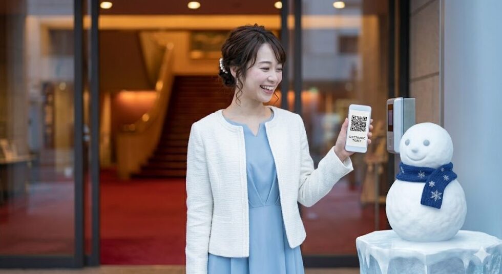 劇場の入り口付近で、雪だるまのオブジェの横でスマホのQRチケットを表示して笑顔を見せる女性
