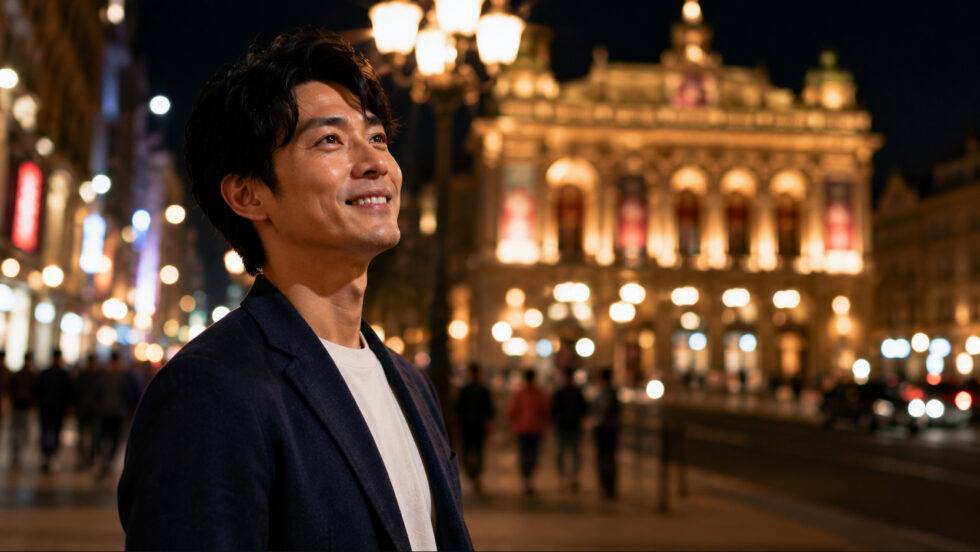 ミュージカル観劇後、非日常の感動と余韻に浸りながら満足げな笑顔で夜の街を歩く男性