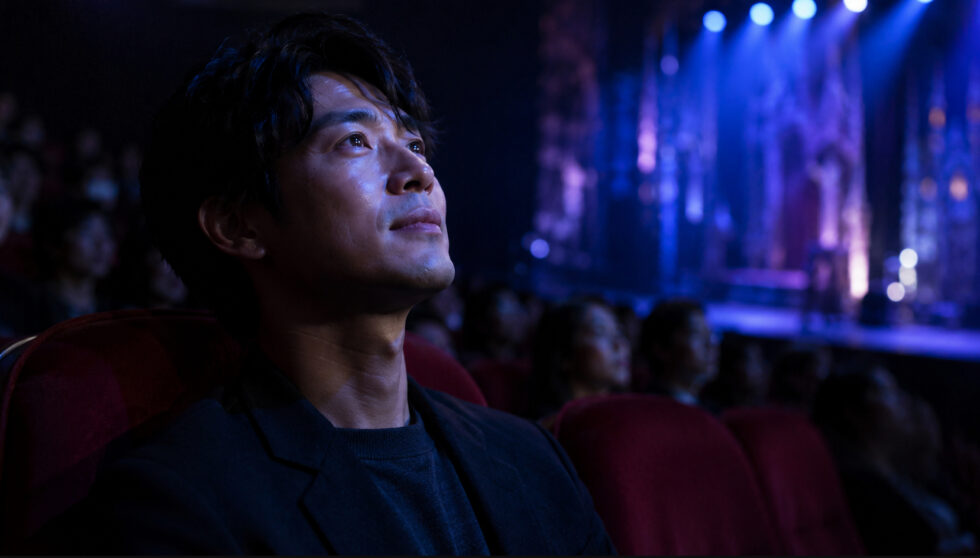 暗転した客席で一人、舞台上の演出に深く没入し感動した表情を浮かべる男性客