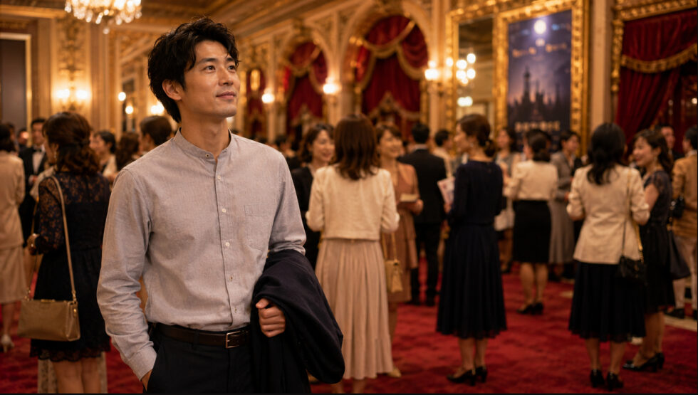 華やかな劇場のロビーで、女性客が多い中でも浮くことなく自然体で開演を待つ一人参加の男性