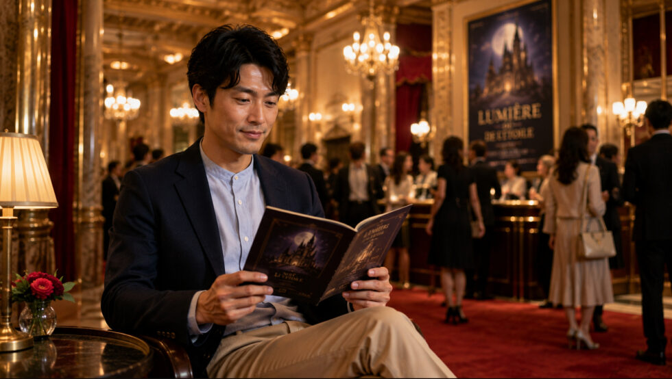 劇場のホワイエでスマートカジュアルを着こなし、開演前に静かにプログラムを読む男性