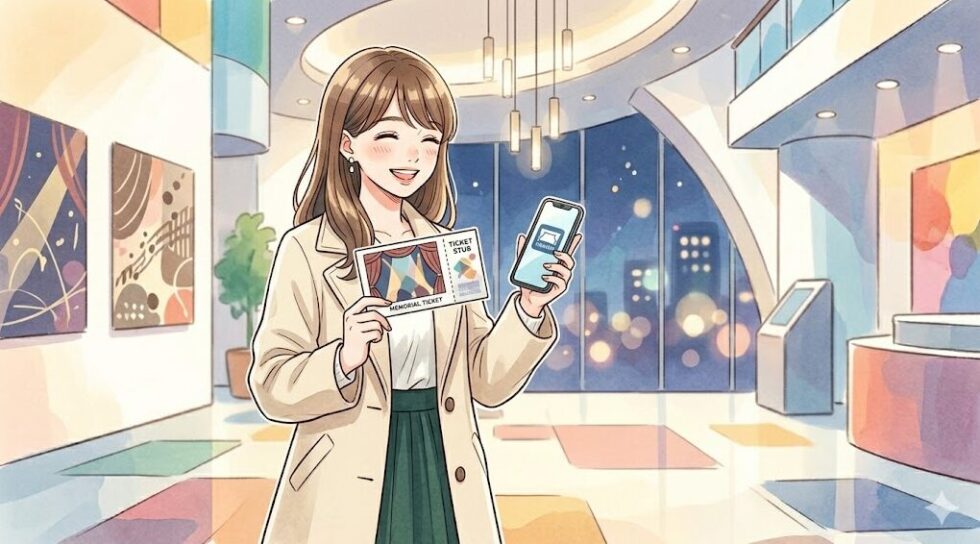 観劇を終えて満足そうな笑顔でチケット控えとスマホを持つ女性のイラスト