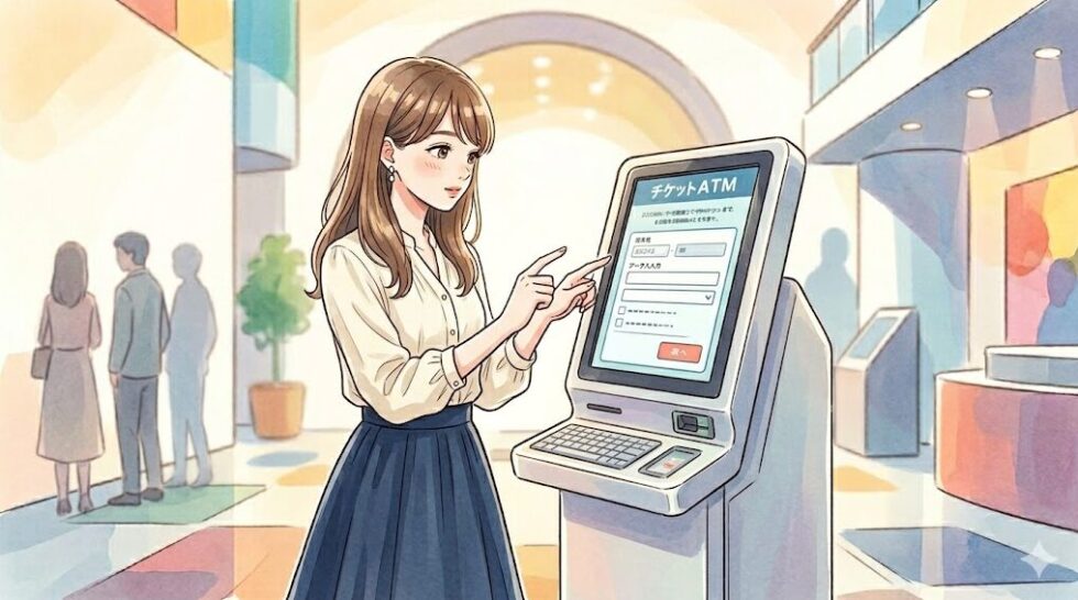 劇場のエントランスでチケットATMのタッチパネルを操作する女性のイラスト