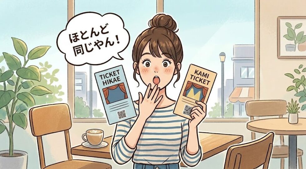 チケット控えと紙チケットを持って見た目のそっくりさに驚く女性のイラスト