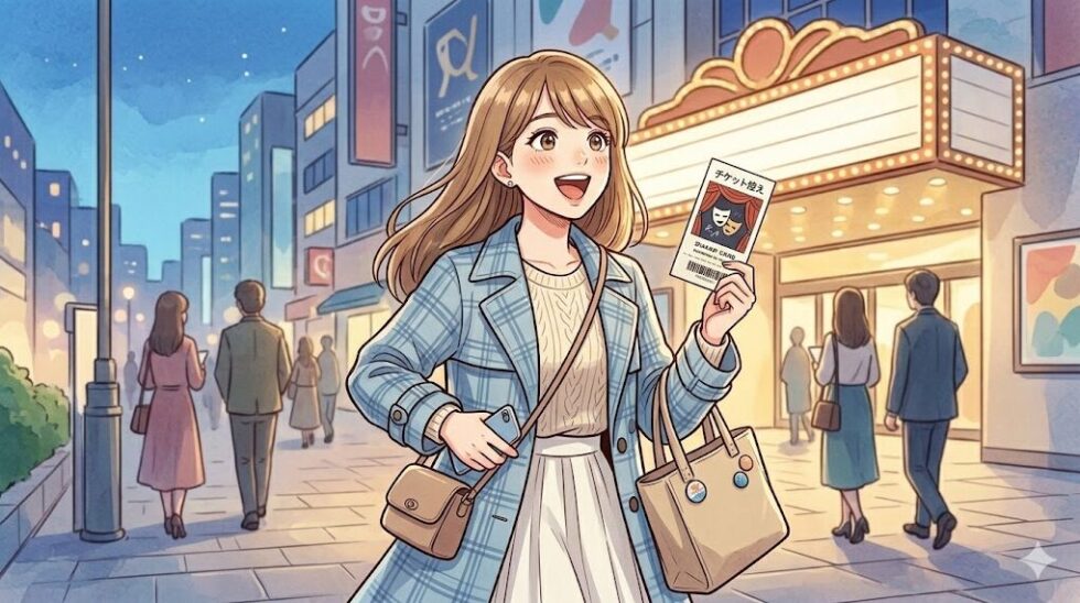 チケット控えを手に持ち、ワクワクした表情で夜のミュージカル劇場へと向かう女性のイラスト