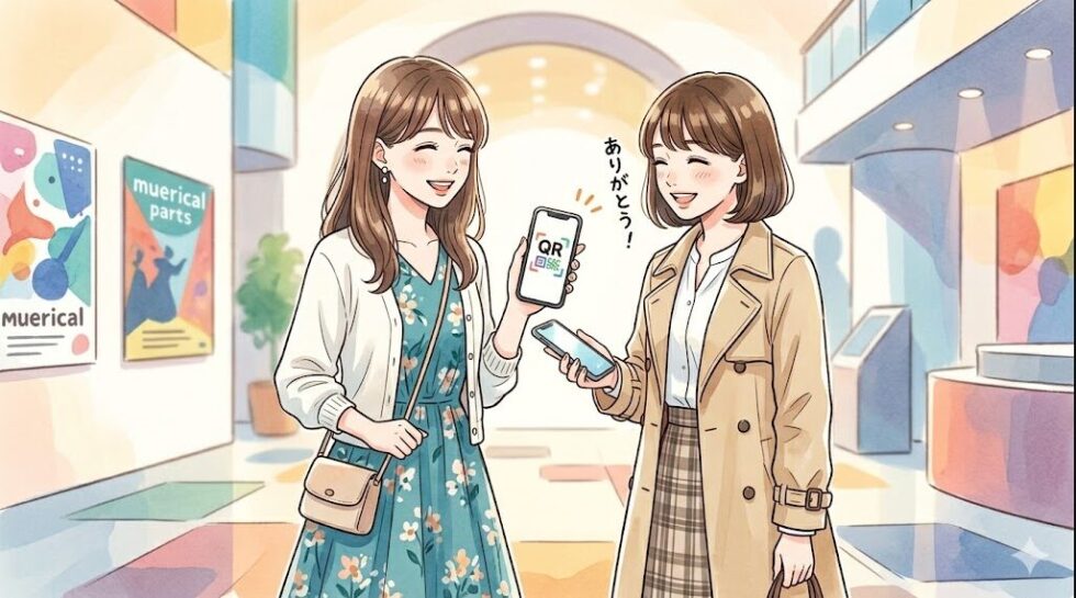 劇場ロビーで友達にスマホのQRチケットを分配している様子のイラスト