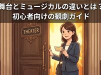 劇場の扉を開けて観劇に向かう女性のイラスト。舞台とミュージカルの違いを解説する初心者向けガイドのアイキャッチ画像。
