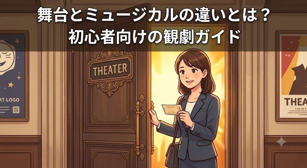 劇場の扉を開けて観劇に向かう女性のイラスト。舞台とミュージカルの違いを解説する初心者向けガイドのアイキャッチ画像。