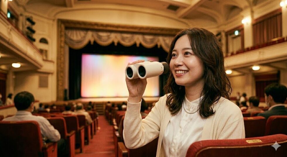 劇場で舞台開演を待ちわびながら白い5倍双眼鏡を構える女性