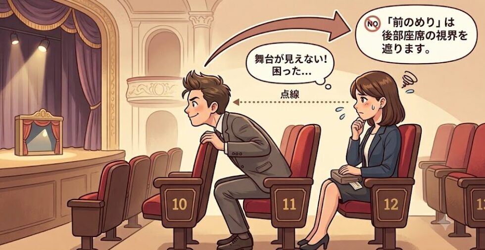 前の席の人が前のめりになると後部座席の視界が遮られて舞台が見えなくなる理由を解説した図解イラスト。