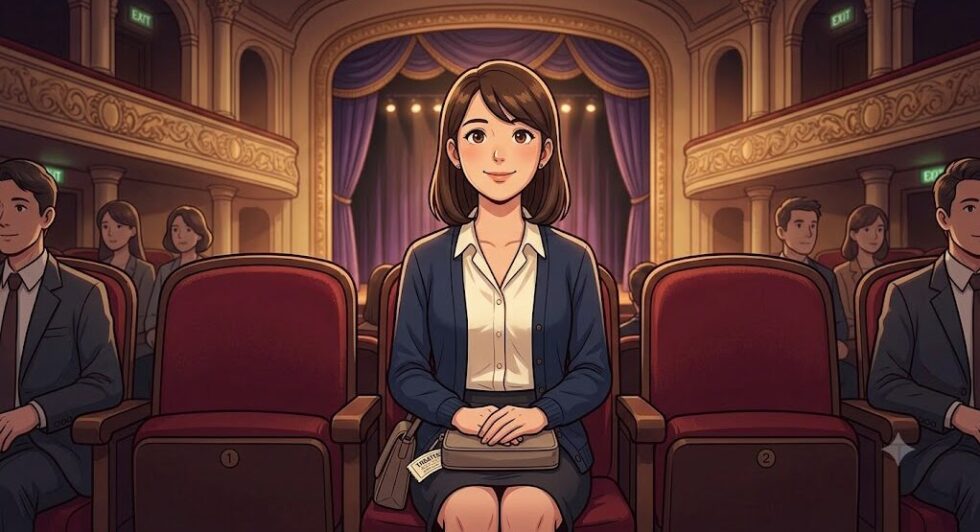 劇場の客席で背もたれにしっかりと背中をつけ、マナーを守って開演を待つ女性のイラスト。