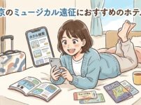 スマホで東京のミュージカル遠征におすすめのホテルを検索してワクワクしている女性のイラスト