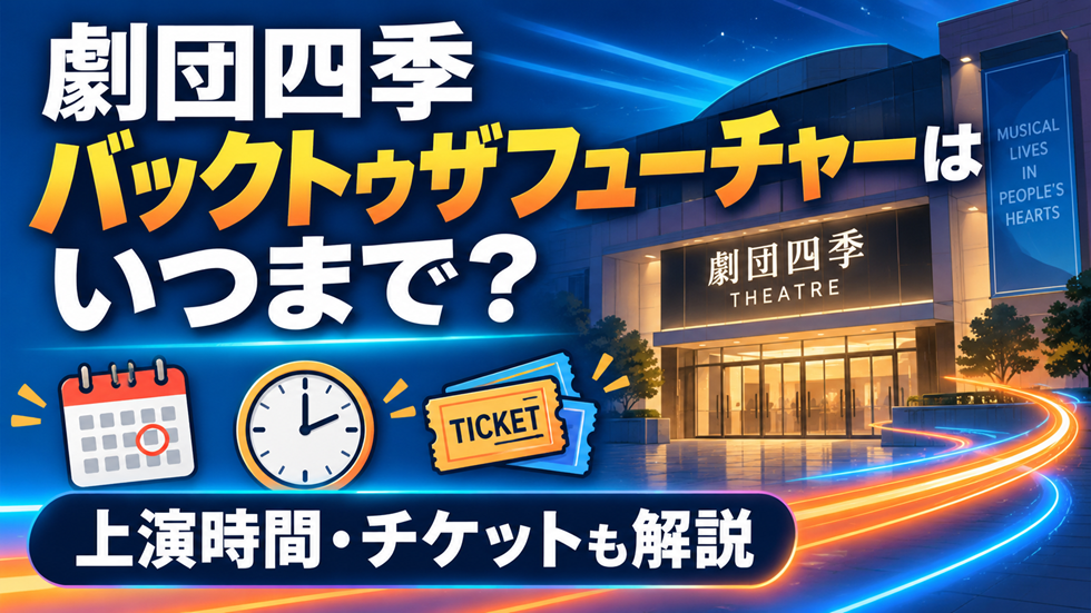 劇団四季『バック・トゥ・ザ・フューチャー』の公演期間、上演時間、チケット情報を案内するアイキャッチ画像