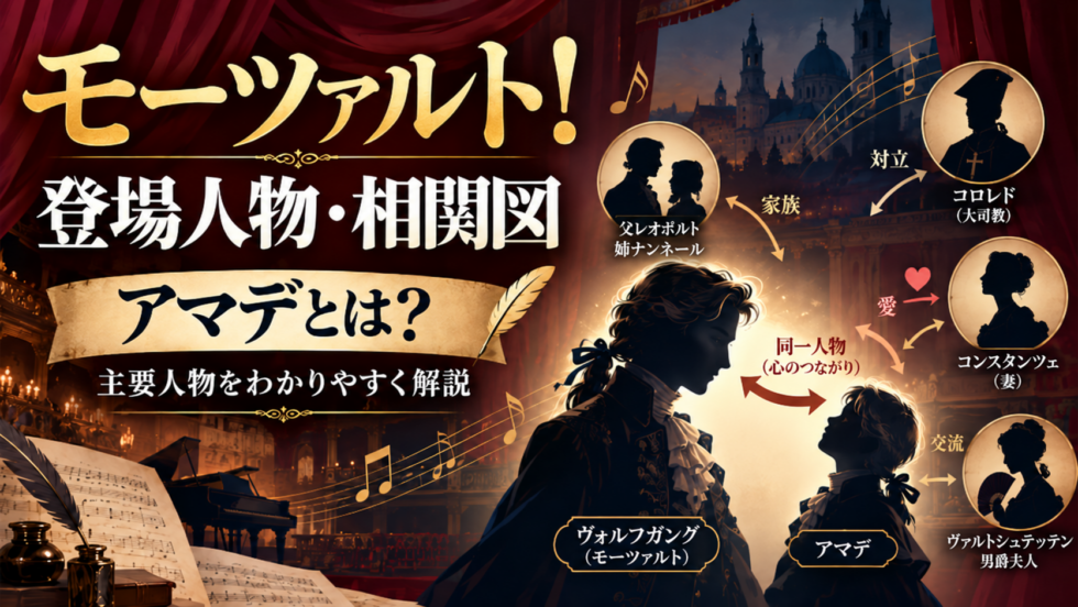 ミュージカル『モーツァルト！』の登場人物・相関図とアマデについて解説するアイキャッチ画像